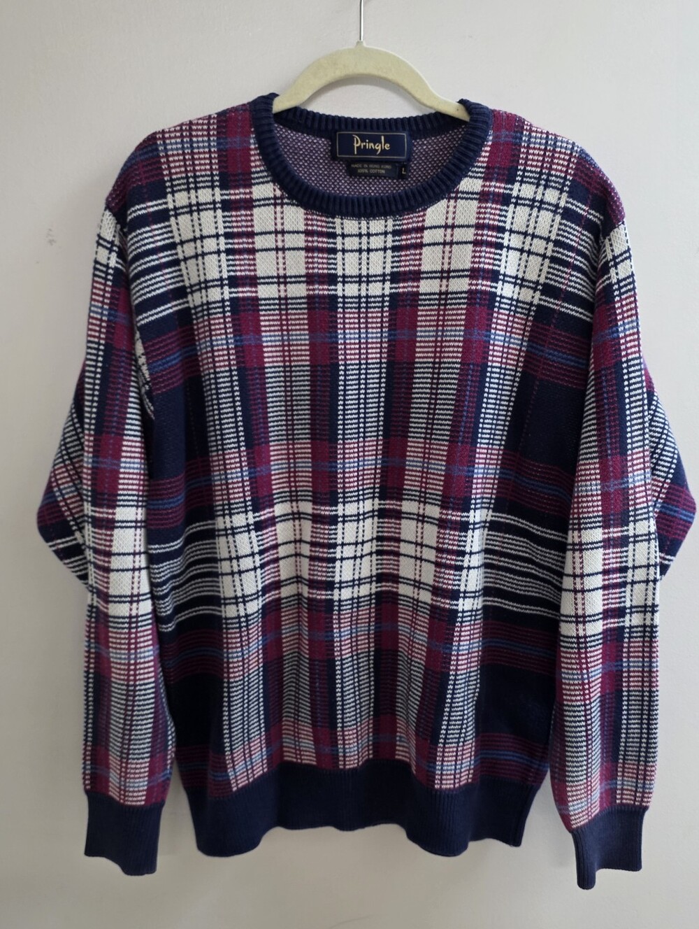 Pringle 100% Cotton Plaid Knit Sweater Sz Large